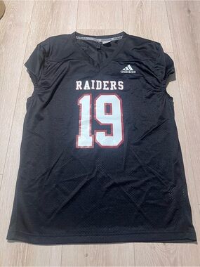 adidas Black Raiders Football Jersey with White and Red Number 19